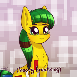 Size: 1536x1536 | Tagged: safe, artist:dsp2003, oc, oc only, oc:blocky bits, earth pony, pony, :3, abstract background, behaving like a cat, blushing, cute, descriptive noise, female, heavy breathing, mare, ponified meme