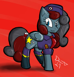 Size: 609x635 | Tagged: source needed, useless source url, safe, artist:theburningdonut, oc, oc only, pegasus, pony, female, mare, red background, shadowbolts, shadowbolts dress uniform, simple background, smiling, smirk, solo