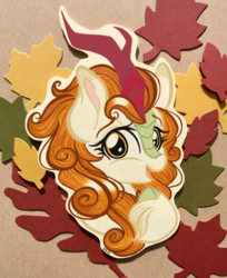 Size: 2810x3446 | Tagged: safe, artist:emberslament, autumn blaze, kirin, g4, sounds of silence, autumn, autumn leaves, awwtumn blaze, colored pencil drawing, cute, cutout, female, high res, leaves, looking at you, open mouth, photo, quadrupedal, simple background, solo, traditional art, unshorn fetlocks