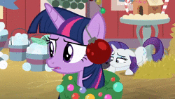 Size: 1280x720 | Tagged: safe, screencap, rarity, twilight sparkle, alicorn, pony, g4, hearth's warming shorts, the great escape room, angry, animated, christmas, female, hay, hearth's warming, holiday, hooves, loop, no sound, ornament, talking, twilight sparkle (alicorn), webm, wreath
