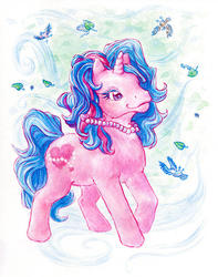 Size: 500x634 | Tagged: safe, artist:annapommes, bangles (g1), pony, unicorn, g1, female, so soft, solo, toy, traditional art