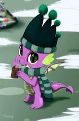 Size: 3360x5120 | Tagged: safe, artist:darksly, spike, dragon, g4, my little pony best gift ever, beanie, claws, clothes, hat, male, scarf, snow, solo, striped scarf, winged spike, wings, winter outfit