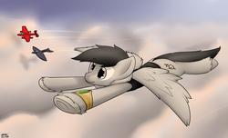 Size: 3081x1869 | Tagged: safe, artist:the-furry-railfan, oc, oc only, oc:silver wing, pegasus, pony, aircraft, bracelet, clothes, cloud, cloudy, contrail, emerald, evening, flying, jacket, jet, jewelry, plane, pulsejet, scenery, sunset, unshorn fetlocks
