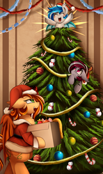 Size: 1786x3009 | Tagged: safe, artist:pridark, oc, oc only, oc:pumpkin patch, bat pony, pony, bat pony oc, box, candy, candy cane, christmas, christmas tree, clothes, commission, costume, eyes closed, happy, hat, holiday, open mouth, ornaments, santa costume, santa hat, snowman, tree