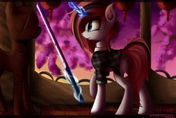 Size: 2560x1706 | Tagged: source needed, safe, artist:apostolllll, oc, oc only, pony, unicorn, clothes, dummy, female, glowing horn, horn, magic, mare, plaid shirt, shirt, solo, sword, telekinesis, weapon