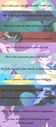 Size: 534x1198 | Tagged: safe, artist:mythpony, king sombra, nightmare moon, prince blueblood, princess cadance, princess celestia, princess flurry heart, princess luna, queen chrysalis, shining armor, twilight sparkle, alicorn, pony, g4, poetry, royalty, twilight sparkle (alicorn)