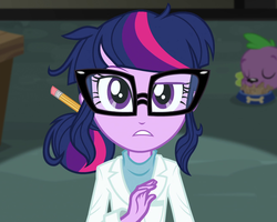 Size: 1303x1041 | Tagged: safe, screencap, sci-twi, spike, spike the regular dog, twilight sparkle, dog, equestria girls, g4, my little pony equestria girls: rainbow rocks, adventure in the comments, clothes, cropped, frown, glasses, lab coat, paradox, raised eyebrow