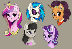 Size: 1224x827 | Tagged: safe, artist:hikariviny, dj pon-3, octavia melody, princess cadance, saffron masala, starlight glimmer, vinyl scratch, alicorn, earth pony, pony, unicorn, bandana, bowtie, bust, chest fluff, clothes, crown, ear fluff, ear piercing, female, glasses, gray background, headband, jewelry, looking at you, mare, piercing, portrait, regalia, simple background, smiling, tongue out