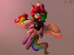 Size: 2560x1920 | Tagged: source needed, safe, artist:apostolllll, oc, oc only, alicorn, pony, alicorn oc, clothes, colored wings, crown, donut steel, jewelry, multicolored wings, rainbow hair, rainbow wings, regalia, shirt, simple background, solo, spiked wristband, t-shirt, wristband