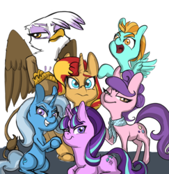 Size: 972x998 | Tagged: safe, artist:helloiamyourfriend, color edit, edit, gilda, lightning dust, starlight glimmer, sunset shimmer, suri polomare, trixie, pony, unicorn, g4, alternate mane six, antagonist six, cel shading, colored, drawthread, female, group photo, mane six opening poses, requested art, shading, villain six