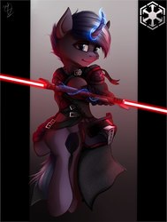 Size: 1636x2160 | Tagged: source needed, safe, artist:apostolllll, oc, oc only, pony, unicorn, semi-anthro, arm hooves, crossover, curved horn, double lightsaber, glowing horn, horn, lightsaber, magic, solo, star wars, telekinesis, weapon