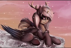 Size: 2560x1707 | Tagged: source needed, safe, artist:apostolllll, oc, oc only, original species, pony, horns, prone, snow, snowfall, solo, wings