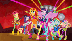 Size: 800x450 | Tagged: safe, screencap, applejack, fluttershy, pinkie pie, rainbow dash, rarity, sunset shimmer, twilight sparkle, alicorn, equestria girls, g4, my little pony equestria girls: rainbow rocks, absurd file size, absurd gif size, animated, bass guitar, drums, gif, guitar, high heels, humane five, humane seven, humane six, keytar, microphone, musical instrument, platform shoes, ponied up, rainbow power, shoes, sunshine shimmer, transformation, twilight sparkle (alicorn), wedge heel, welcome to the show