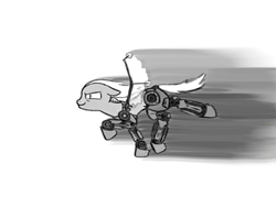 Size: 900x675 | Tagged: safe, cyborg, pony, amputee, artificial wings, augmented, black and white, drawthread, grayscale, mechanical wing, monochrome, prosthetic leg, prosthetic limb, prosthetic wing, prosthetics, quadruple amputee, running, sketch, wings