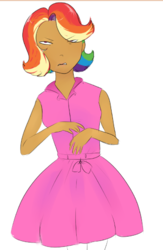 Size: 387x594 | Tagged: safe, rainbow dash, human, g4, clothes, drawthread, dress, humanized, rainbow dash always dresses in style, rainbow dash is not amused, simple background, unamused, white background
