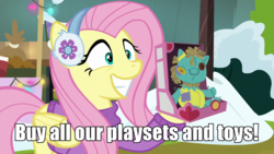 Size: 1280x720 | Tagged: safe, edit, edited screencap, screencap, fluttershy, holly the hearths warmer doll, g4, my little pony best gift ever, buy our toys, caption, cheat commandos, doll, female, homestar runner, image macro, meme, rainbow falls (location), snow, text, to sell toys, toy