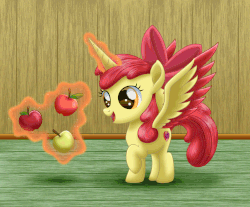 Size: 1500x1240 | Tagged: safe, artist:lifesharbinger, apple bloom, alicorn, pony, g4, adorabloom, alicornified, animated, apple, barely animated, bloomicorn, cute, eye shimmer, female, food, gif, levitation, magic, race swap, solo, telekinesis, this will end in tears and/or death and/or covered in tree sap