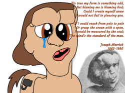 Size: 1024x765 | Tagged: safe, artist:didgereethebrony, pony, crying, deformed, deformity, elephant man, joseph merrick, poem, ponified, positive body image, proteus syndrome, solo, tears of pain