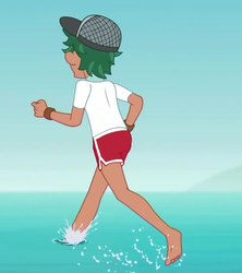 Size: 480x540 | Tagged: safe, screencap, timber spruce, equestria girls, equestria girls series, g4, turf war, barefoot, cap, clothes, cropped, feet, hat, legs, lifeguard, lifeguard timber, male, male feet, rear view, shorts, toes, underfoot, water