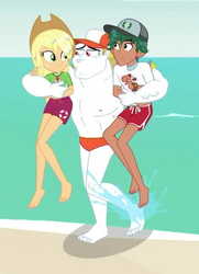 Size: 410x567 | Tagged: safe, screencap, applejack, bulk biceps, timber spruce, equestria girls, equestria girls series, g4, turf war, applejack's hat, barefoot, cap, clothes, cowboy hat, feet, female, hat, legs, lifeguard, lifeguard timber, male, male feet, male nipples, nipples, partial nudity, shorts, smiling, toes, topless, water