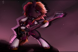 Size: 2560x1707 | Tagged: source needed, safe, artist:apostolllll, oc, oc only, earth pony, pony, semi-anthro, arm hooves, collar, electric guitar, eyeshadow, female, guitar, heavy metal, makeup, mare, metal, musical instrument, open mouth, running makeup, solo, spiked collar, tongue out