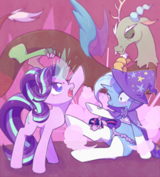 Size: 1280x1423 | Tagged: safe, artist:kkmrarar, discord, starlight glimmer, trixie, twilight sparkle, draconequus, pony, unicorn, g4, angry, blushing, bra, bra on pony, clothes, female, frilly underwear, glowing horn, horn, magic, male, mare, panties, purple underwear, socks, starry underwear, underwear