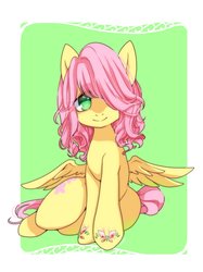 Size: 1000x1334 | Tagged: safe, artist:zakro, fluttershy, pegasus, pony, g4, alternate hairstyle, female, hair over one eye, looking at you, mare, sitting, smiling, solo, spread wings, wings