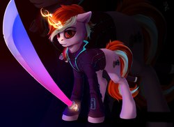 Size: 1920x1400 | Tagged: source needed, safe, artist:apostolllll, oc, oc only, pony, unicorn, clothes, glowing horn, horn, magic, male, red eyes, saber, solo, stallion, telekinesis, weapon, zoom layer