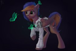 Size: 1920x1280 | Tagged: source needed, safe, artist:apostolllll, oc, oc only, butterfly, pegasus, pony, clothes, raised hoof, shirt, shoulder pads, solo
