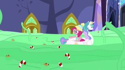 Size: 1280x720 | Tagged: safe, screencap, pinkie pie, princess celestia, best gift ever, g4, candy, candy cane, floaty, food, pool toy, pudding, puddinghead's pudding, swanlestia