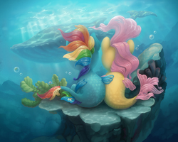 Size: 2500x2000 | Tagged: safe, artist:gor1ck, fluttershy, rainbow dash, merpony, pegasus, sea pony, seapony (g4), whale, g4, bubble, coral, crepuscular rays, dorsal fin, female, fin, fin wings, fins, fish tail, flowing mane, flowing tail, high res, lesbian, mare, ocean, scales, seaponified, seapony fluttershy, seapony rainbow dash, seaweed, ship:flutterdash, shipping, species swap, sunlight, tail, underwater, water, wings