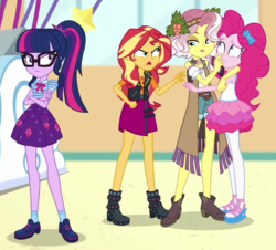 Size: 840x758 | Tagged: safe, screencap, pinkie pie, sci-twi, sunset shimmer, twilight sparkle, vignette valencia, equestria girls, equestria girls specials, g4, my little pony equestria girls: better together, my little pony equestria girls: rollercoaster of friendship, angry, boots, clothes, cropped, female, geode of empathy, geode of telekinesis, glasses, jacket, magical geodes, pantyhose, personal space invasion, ponytail, sandals, shipping fuel, shoes, shorts, skirt, socks