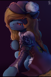 Size: 1280x1920 | Tagged: safe, artist:apostolllll, oc, oc only, earth pony, pony, clothes, female, hat, lidded eyes, looking at you, looking back, looking back at you, mare, shoulder pads, sitting, solo