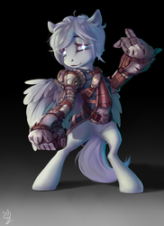 Size: 1458x2000 | Tagged: safe, artist:apostolllll, oc, oc only, pegasus, pony, semi-anthro, clothes, glowing eyes, mechanical hands, solo, steampunk
