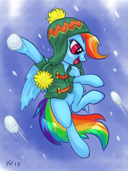 Size: 900x1200 | Tagged: safe, artist:kovoranu, rainbow dash, pegasus, pony, g4, clothes, female, hat, mare, scarf, smiling, snow, snowball, snowball fight, solo