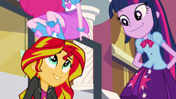 Size: 1920x1080 | Tagged: safe, screencap, pinkie pie, sunset shimmer, twilight sparkle, alicorn, equestria girls, g4, my little pony equestria girls: rainbow rocks, :j, balloon, boots, bracelet, clothes, faic, high heel boots, jewelry, oh you, pleated skirt, shoes, skirt, smiling, twilight sparkle (alicorn)