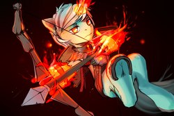 Size: 1920x1280 | Tagged: source needed, safe, artist:apostolllll, lyra heartstrings, pony, unicorn, g4, bow (weapon), clothes, female, frog (hoof), hand, horseshoes, magic, magic hands, mare, solo, underhoof