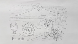 Size: 4032x2268 | Tagged: safe, artist:parclytaxel, silverstream, oc, oc:parcly taxel, alicorn, pony, seapony (g4), ain't never had friends like us, albumin flask, parcly taxel in japan, g4, alicorn oc, cloud, female, japan, lake kawaguchi, lineart, mare, monochrome, mount fuji, pencil drawing, prone, reflection, seapony silverstream, story included, traditional art, water