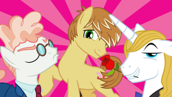 Size: 1280x720 | Tagged: safe, feather bangs, prince blueblood, svengallop, earth pony, pony, unicorn, g4, flower, flower in mouth, male, necktie, raised hoof, rose, rose in mouth, stallion, sunburst background