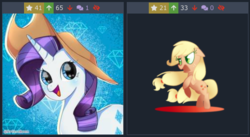 Size: 499x273 | Tagged: safe, artist:andromedasparkz, artist:krisscheen, applejack, rarity, earth pony, pony, unicorn, derpibooru, g4, angry, applejack's hat, cowboy hat, female, freckles, hat, hatless, juxtaposition, mare, meta, missing accessory, open mouth, rearing, smiling, starry eyes, stetson, wingding eyes