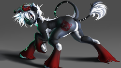 Size: 1920x1080 | Tagged: safe, artist:apostolllll, oc, oc only, demon pony, beard, butt, devil horns, facial hair, horseshoes, leonine tail, looking back, male, plot, raised hoof, raised tail, solo, stallion, tail, underhoof, unshorn fetlocks