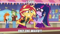 Size: 888x499 | Tagged: safe, edit, edited screencap, screencap, golden hazel, sandalwood, sci-twi, sunset shimmer, twilight sparkle, equestria girls, equestria girls specials, g4, my little pony equestria girls: better together, my little pony equestria girls: rollercoaster of friendship, angry, caption, concerned, geode of empathy, geode of telekinesis, image macro, magical geodes, meme, rageset shimmer, text, that pony sure have anger issues