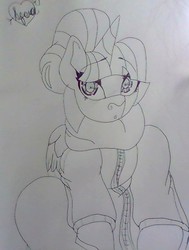 Size: 525x694 | Tagged: safe, artist:spero, twilight sparkle, alicorn, pony, g4, alternate hairstyle, beautiful eyes, blushing, boopable, bun, clothes, cuddly, daaaaaaaaaaaw, equine, eyebrows, female, horn, horseshoes, jacket, looking at you, o.o, sitting, traditional art, twilight sparkle (alicorn), wings