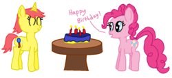 Size: 998x456 | Tagged: safe, artist:nightshadowmlp, pinkie pie, oc, oc:game point, earth pony, pony, unicorn, g4, birthday, cake, candle, food, simple background, smiling, table, text, white background