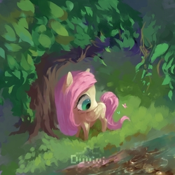 Size: 2000x2000 | Tagged: safe, artist:duvivi, fluttershy, butterfly, pegasus, pony, g4, cute, daaaaaaaaaaaw, female, folded wings, grass, high angle, high res, looking at something, looking down, mare, nature, outdoors, overhead view, river, shyabetes, signature, solo, standing, tree, turned head, under the tree, water, watermark, wings