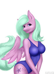 Size: 2331x3154 | Tagged: safe, artist:furrycrystal, oc, oc only, oc:lilac wind, pegasus, anthro, anthro oc, clothes, female, high res, mare, one-piece swimsuit, simple background, solo, swimsuit, white background, ych result
