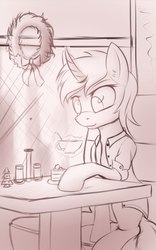 Size: 640x1024 | Tagged: source needed, safe, artist:apostolllll, lyra heartstrings, pony, unicorn, g4, cafe, cake, christmas wreath, clothes, cup, curved horn, female, food, horn, lineart, magic, mare, monochrome, shirt, sketch, solo, telekinesis, wreath