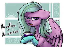 Size: 1212x881 | Tagged: safe, artist:trickate, oc, oc only, oc:lilac wind, pegasus, pony, abstract background, annoyed, bags under eyes, clothes, coffee, female, mare, socks, solo, tired, ych result