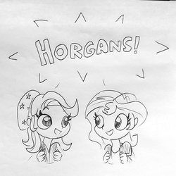 Size: 1211x1212 | Tagged: safe, artist:tjpones, starlight glimmer, sunset shimmer, human, equestria girls, g4, :d, black and white, cute, duo, eye contact, female, glimmerbetes, grayscale, happy, horgans, lineart, looking at each other, monochrome, open mouth, shimmerbetes, simple background, sketch, smiling, traditional art, white background