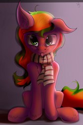 Size: 1440x2160 | Tagged: source needed, safe, artist:apostolllll, oc, oc only, earth pony, pony, :p, blushing, clothes, female, looking at you, mare, scarf, sitting, solo, tongue out